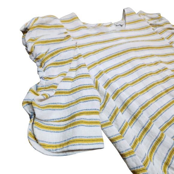 Anthro Moon River Linen Puffed Sleeve Top Crop Elastic Waist Yellow Stripe L - Picture 8 of 14